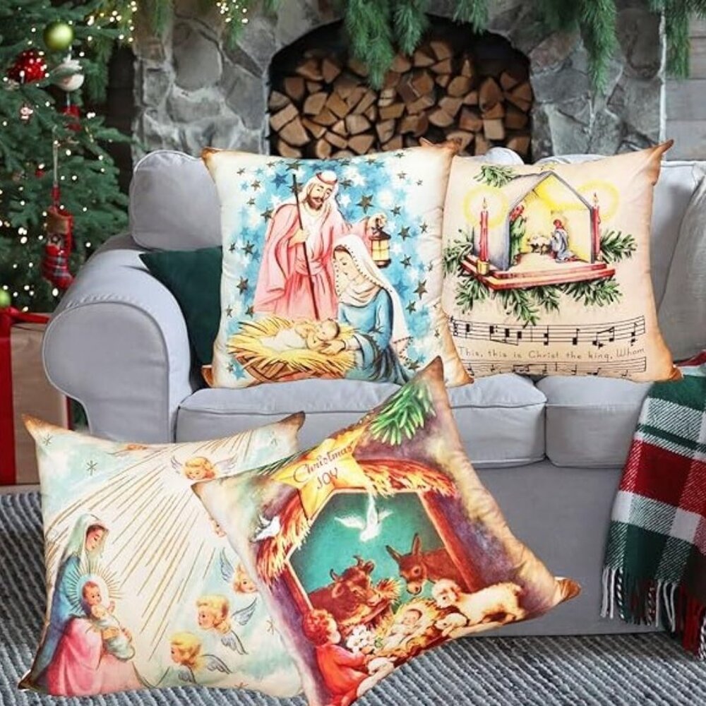 Nativity Scene Pillow Cover Set of 4 Manger Scene